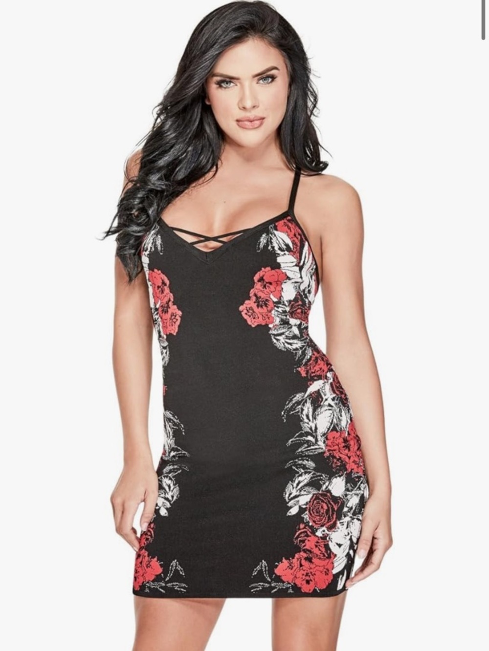 GUESS Black Red Floral Sleeveless Floral Jacquard Crisscross‎ Bandage Dress S